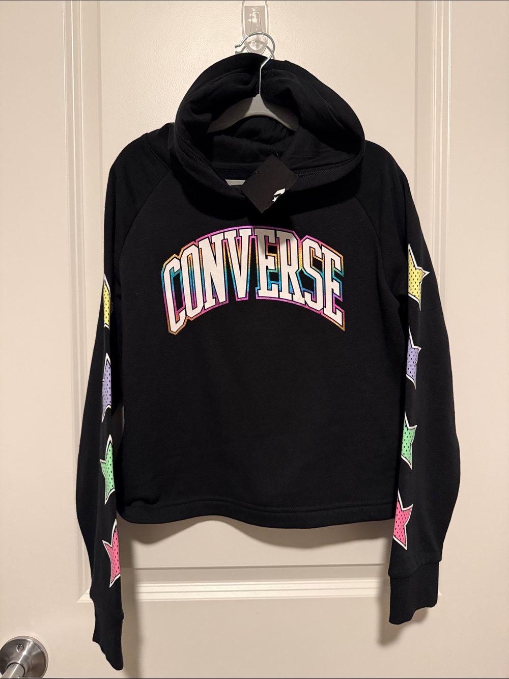 Converse Black Hoodie with Multicolor Rainbow Logo and Star Sleeve Prints